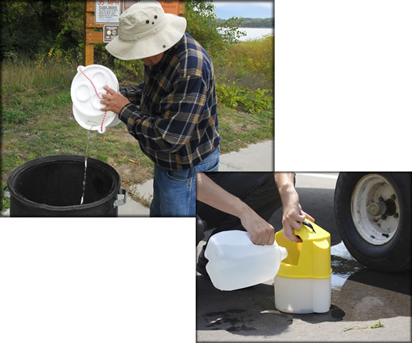 Dumping bait into the garbage and adding bottled water to minow bucket